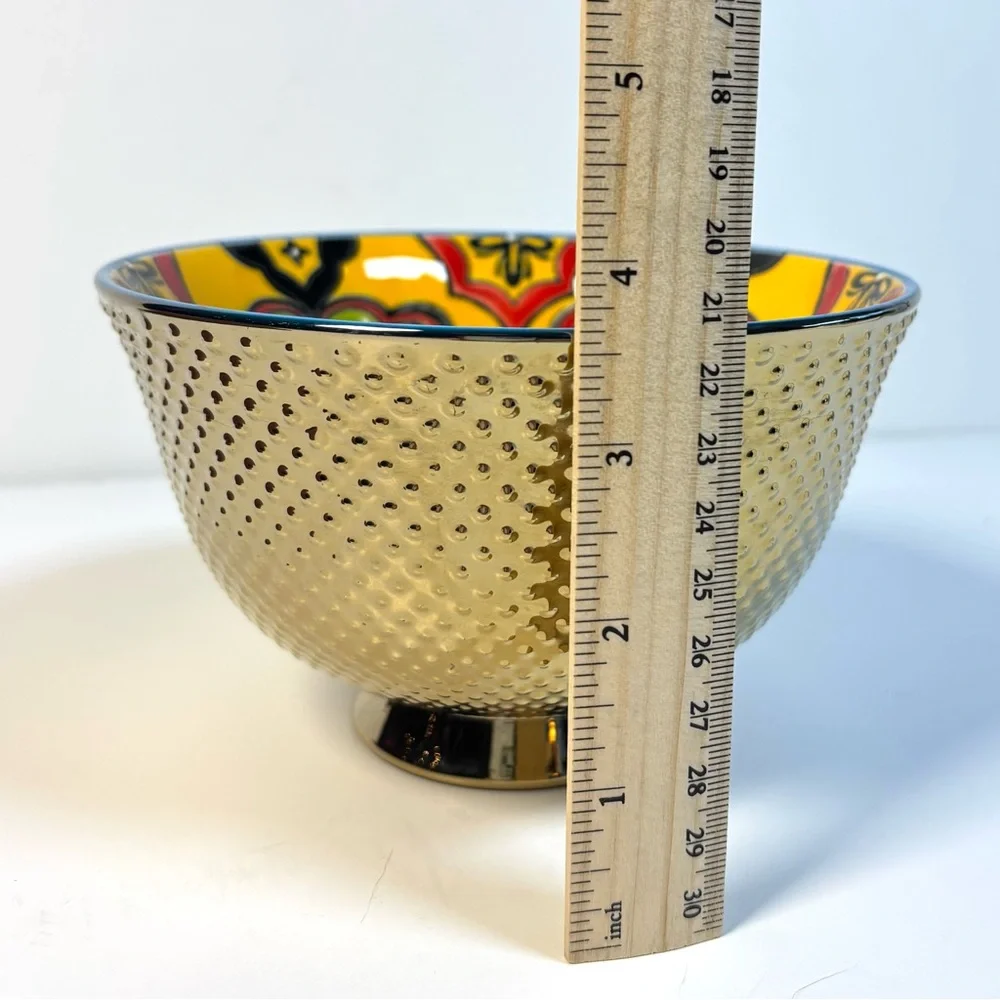 Boho Decorative Serving‎ Bowl Ramen Bowl Goldtone Colorful Porcelain Display